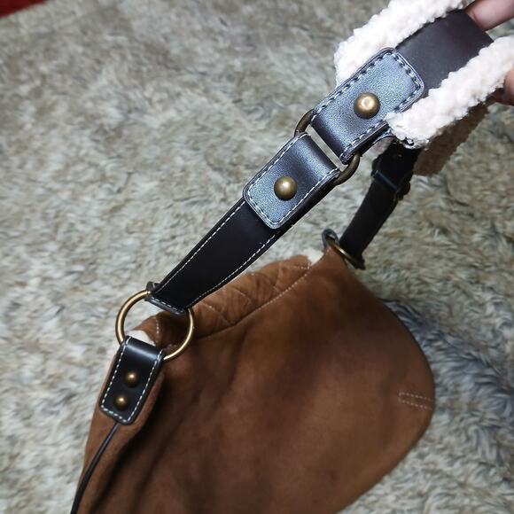 Old Navy Brown Faux Suede Sherpa Shoulder Bag Quilted Flap Buckle Boho Y2K - Picture 10 of 11